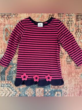 Florence Eiseman Pink & Navy Striped Long Sleeve Top with Flower Trim